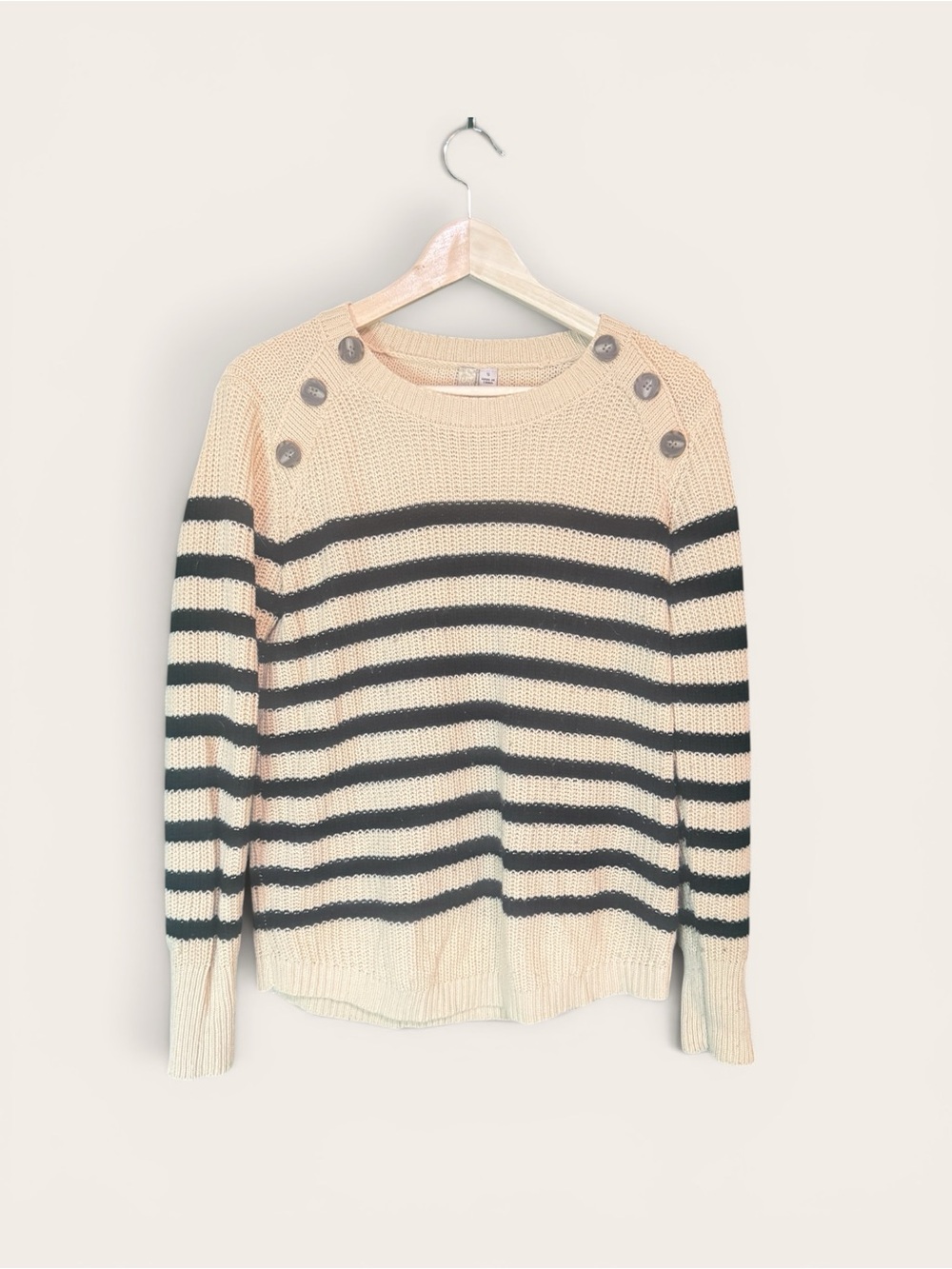 Misia Cream and Black Striped Button-Shoulder Sweater